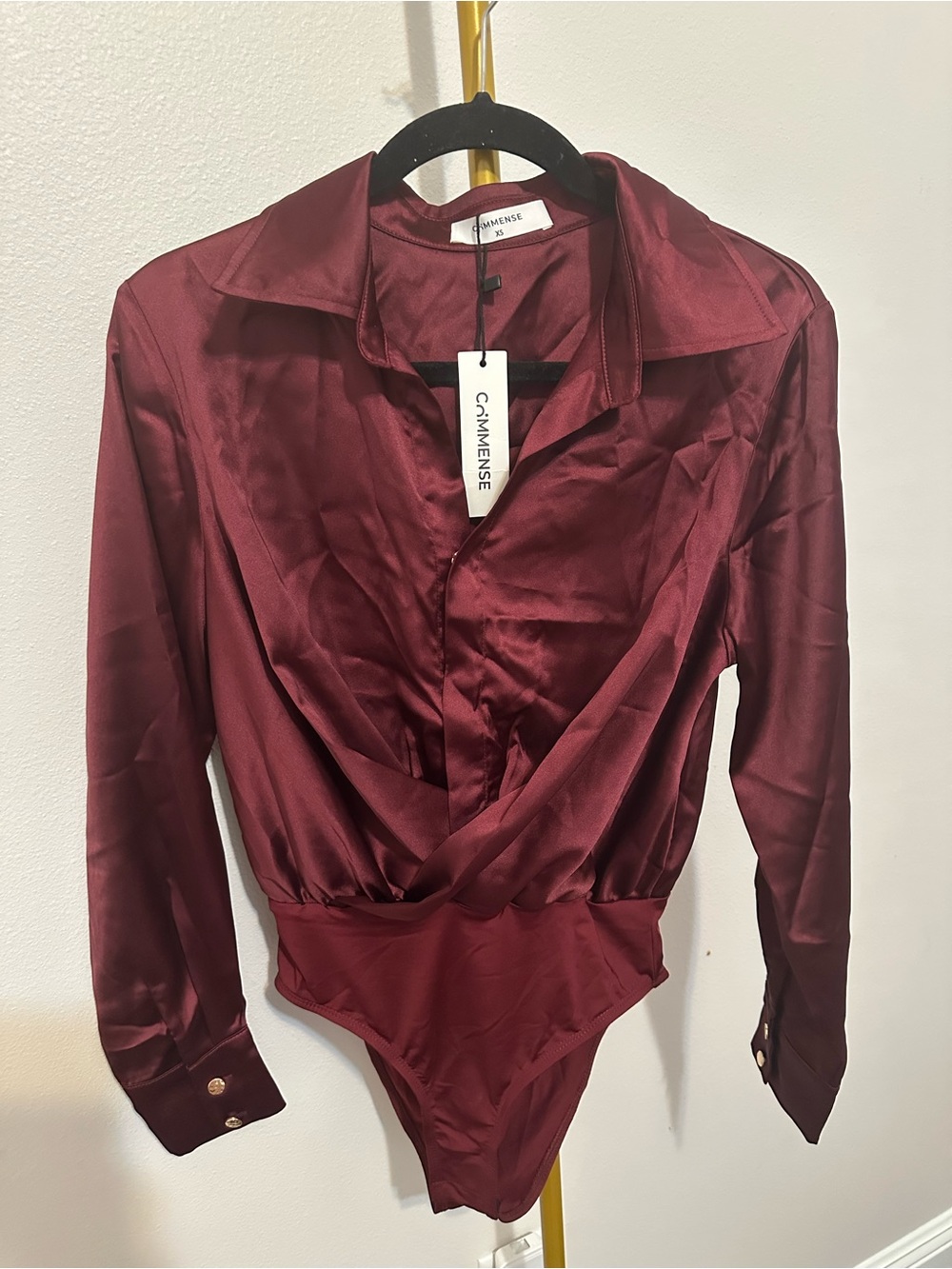Commense Wine Satin Wrap-Front Long-Sleeve Bodysuit